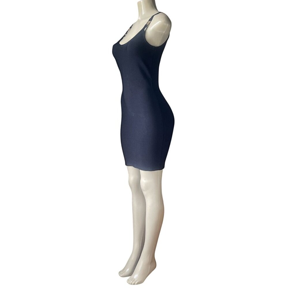 Gold Buckle Spaghetti Strap Plunging Scoop Neck Women's Bodycon Bandage Dress L - Picture 5 of 7